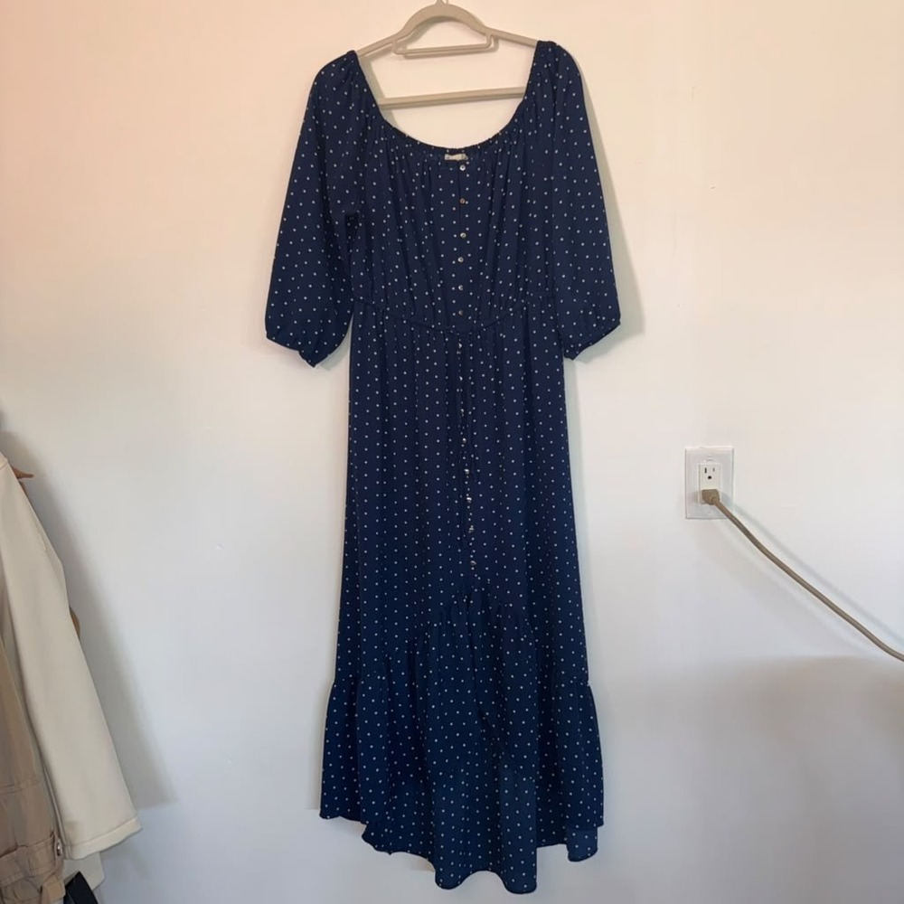 Indigo Rose Womens L Polka Dots Maxi Dress Blue Long Button Front Belted Peasant
